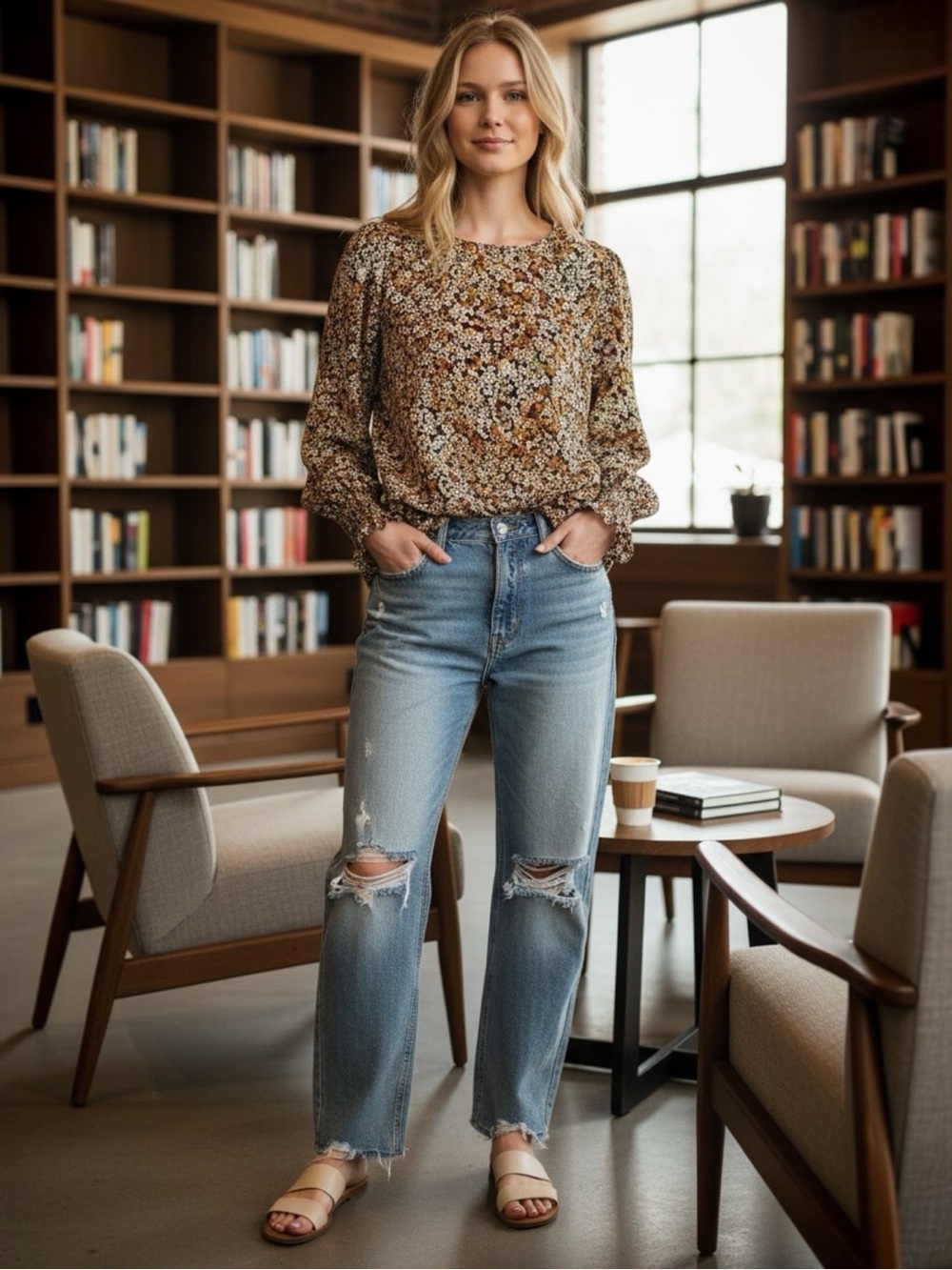 LOFT Brown Floral Long-Sleeve Blouse